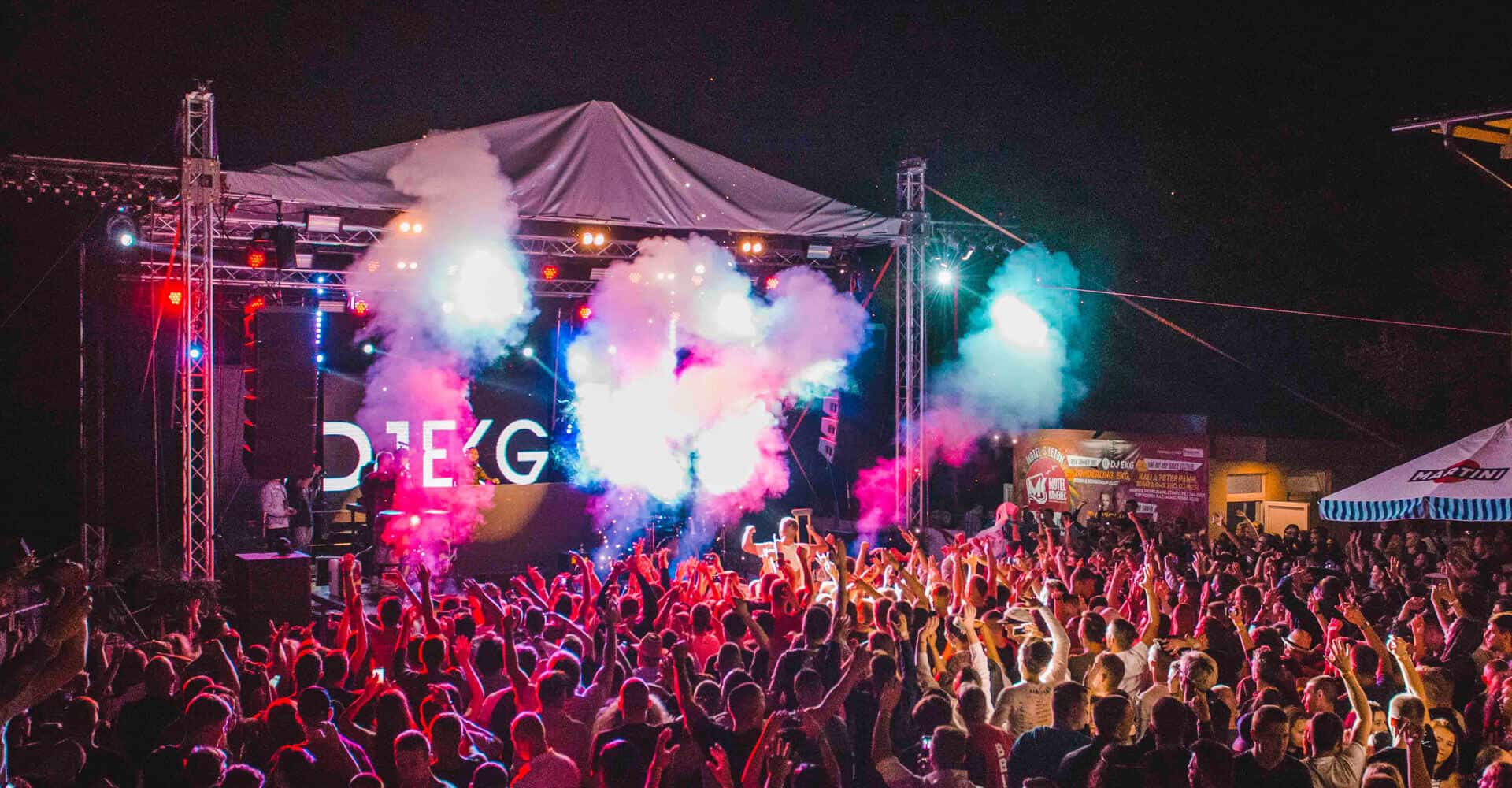 Grupo de gente disfrutando de un concierto en una fiesta.
